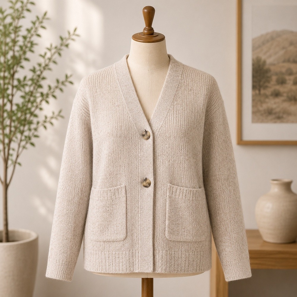 H&M Ribbed Knit Cardigan Womens XS Beige Button Front V-Neck Pocket Sweater